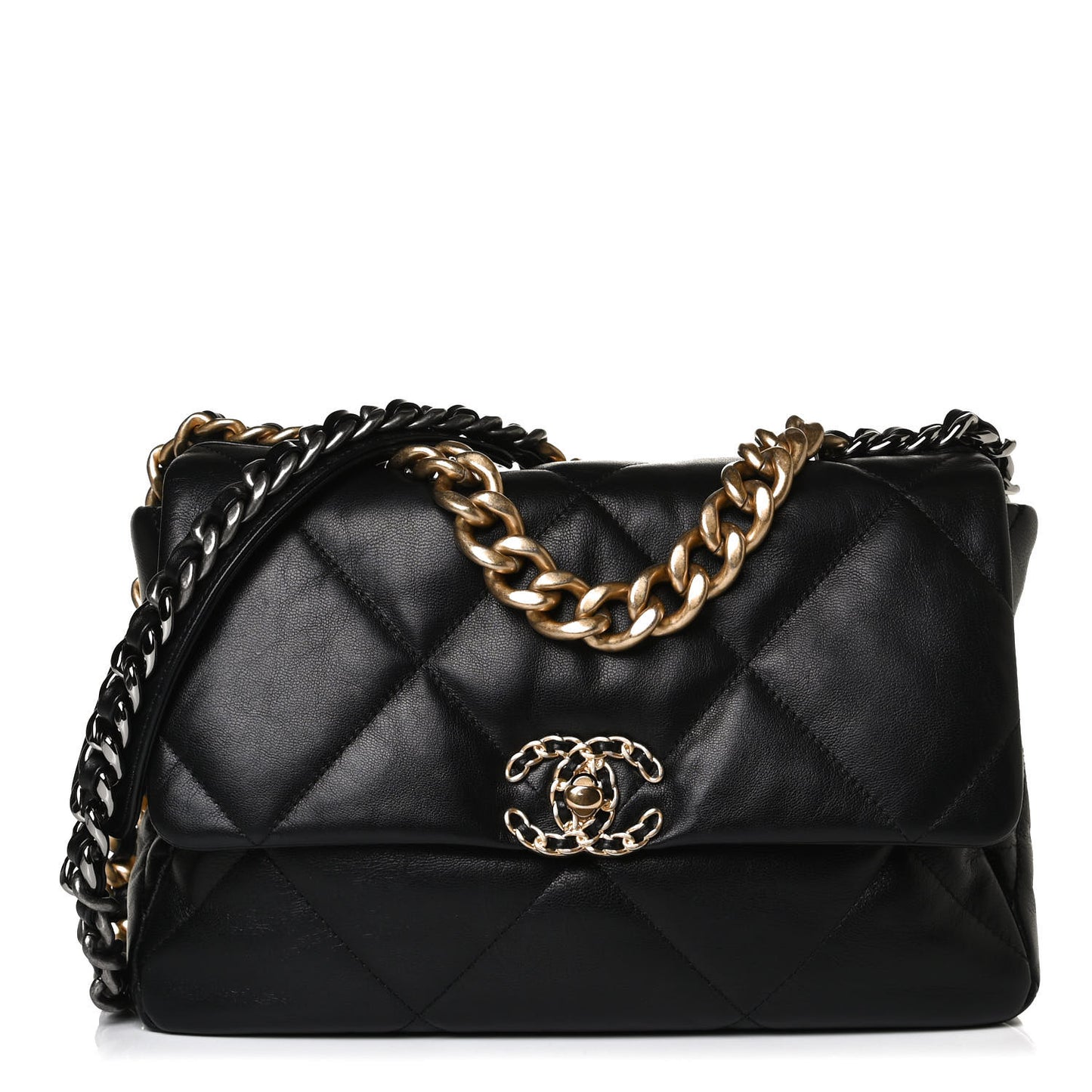 Shiny Goatskin Quilted Large Chanel 19 Flap Black