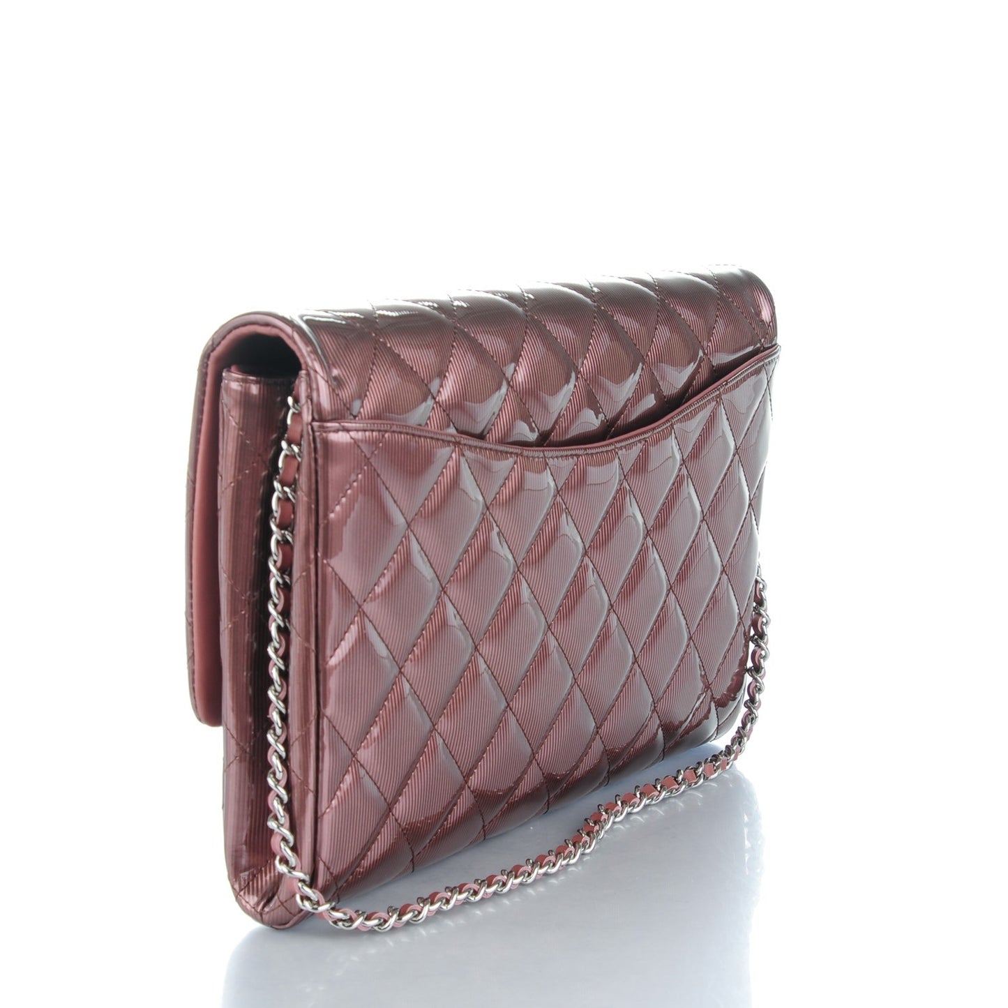Striated Patent Quilted Clutch With Chain Flap Dark Pink