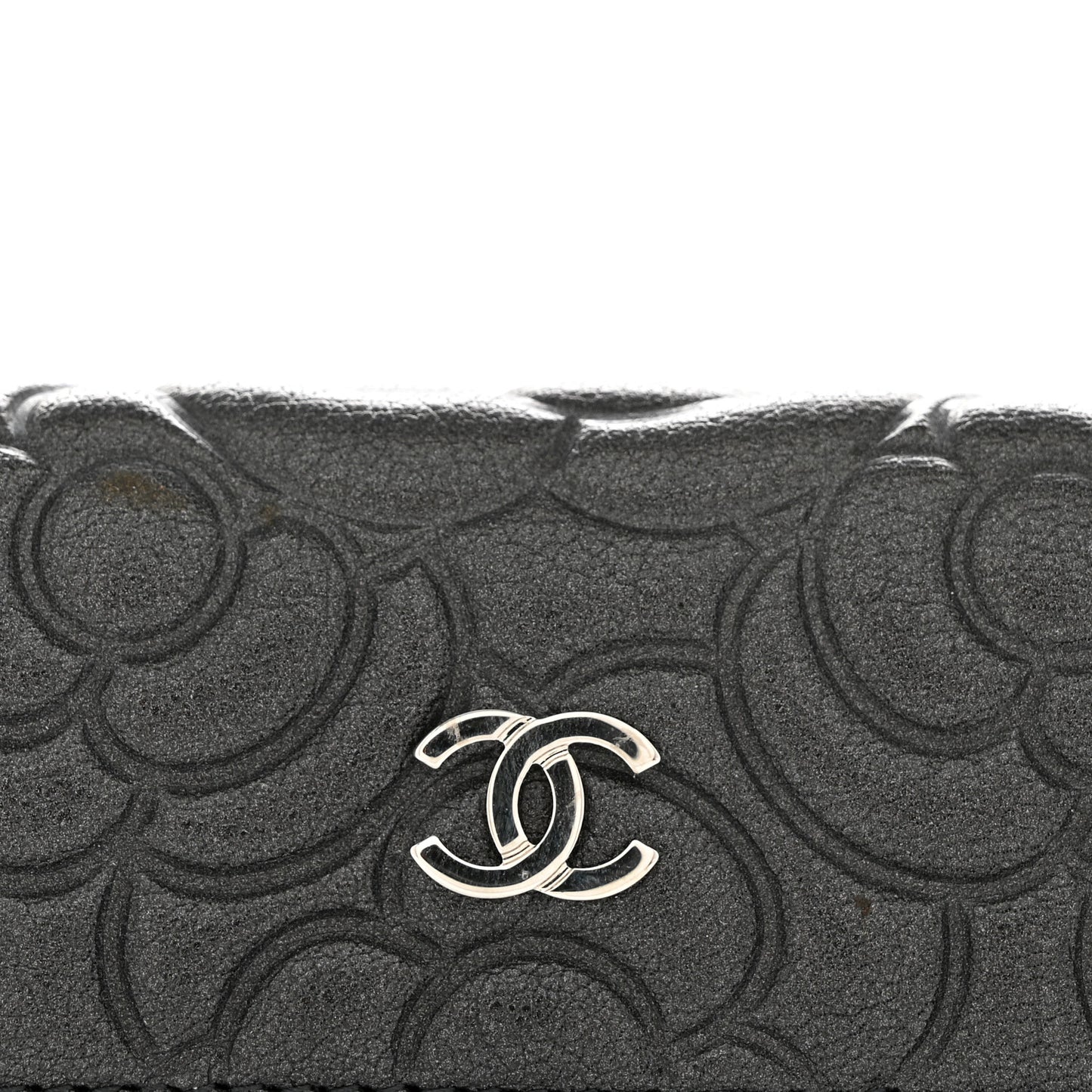 Goatskin Camellia Embossed Flap Card Holder Wallet Anthracite