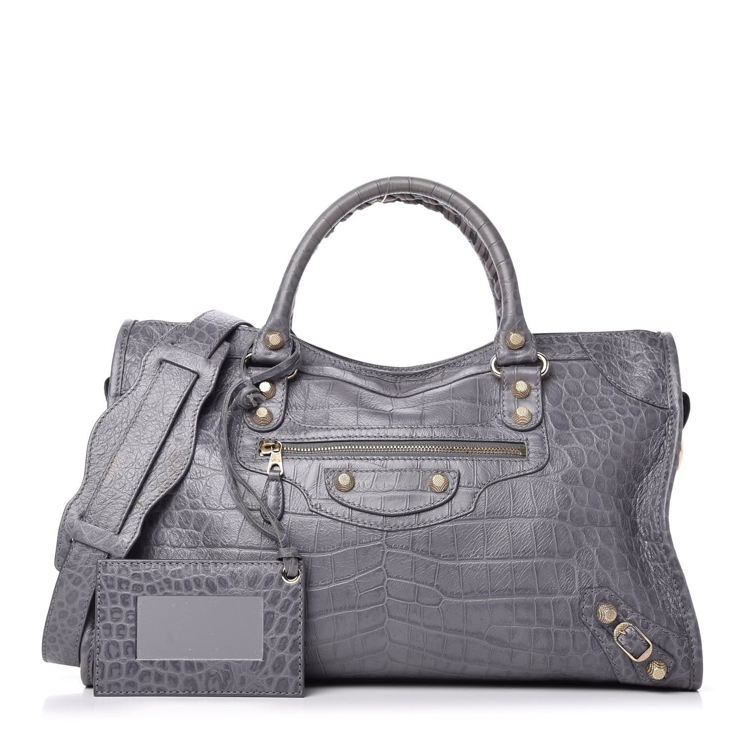 Calfskin Crocodile Embossed Giant 12 Gold Hardware City Gris Beton