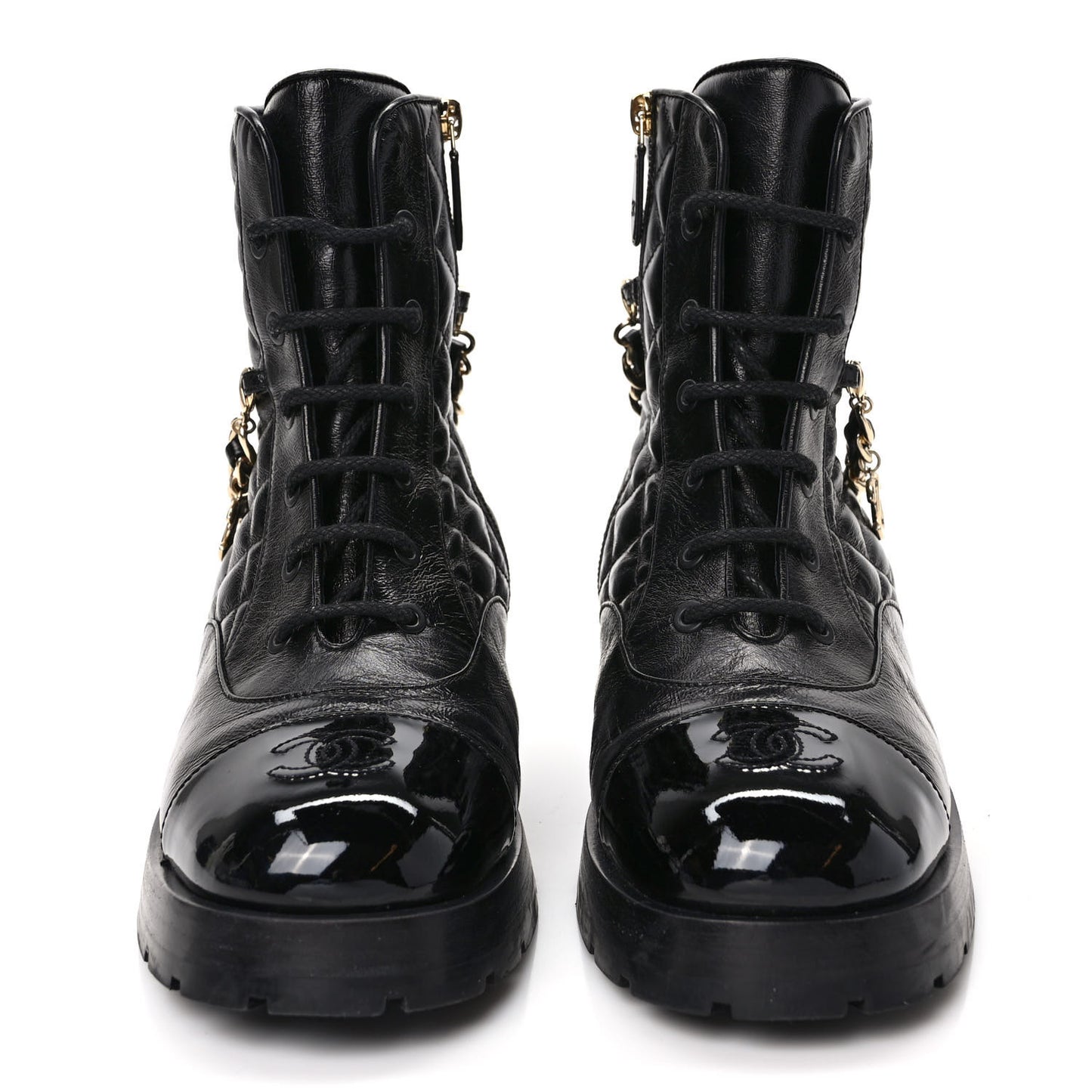 Shiny Calfskin Patent Quilted Chain Lace Up Combat Boots 40.5 Black
