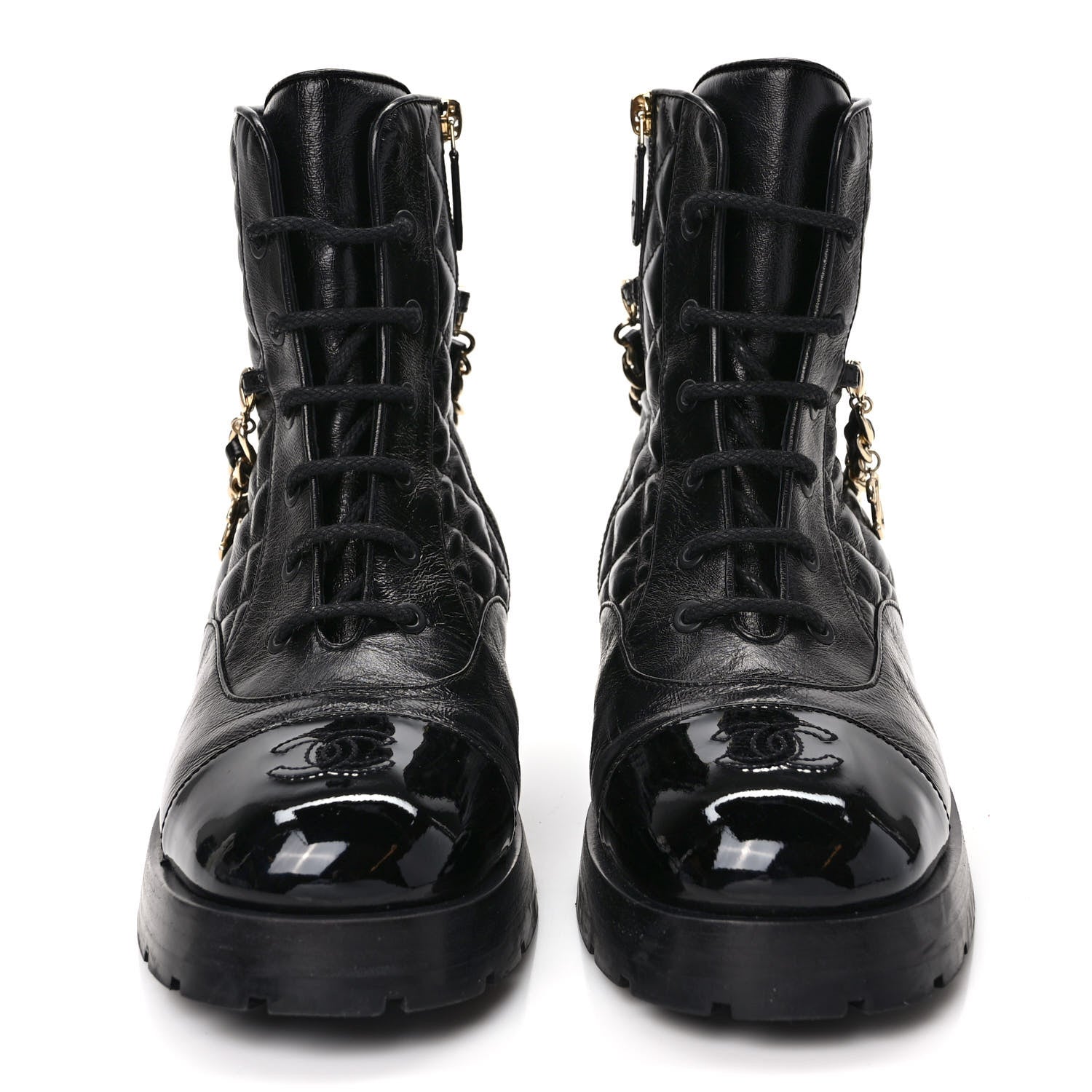 Chanel Shiny Calfskin Patent Quilted Chain Lace Up Combat Boots 40.5 Black 2 of 9