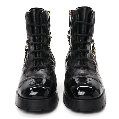 Chanel Shiny Calfskin Patent Quilted Chain Lace Up Combat Boots 40.5 Black 2 of 9