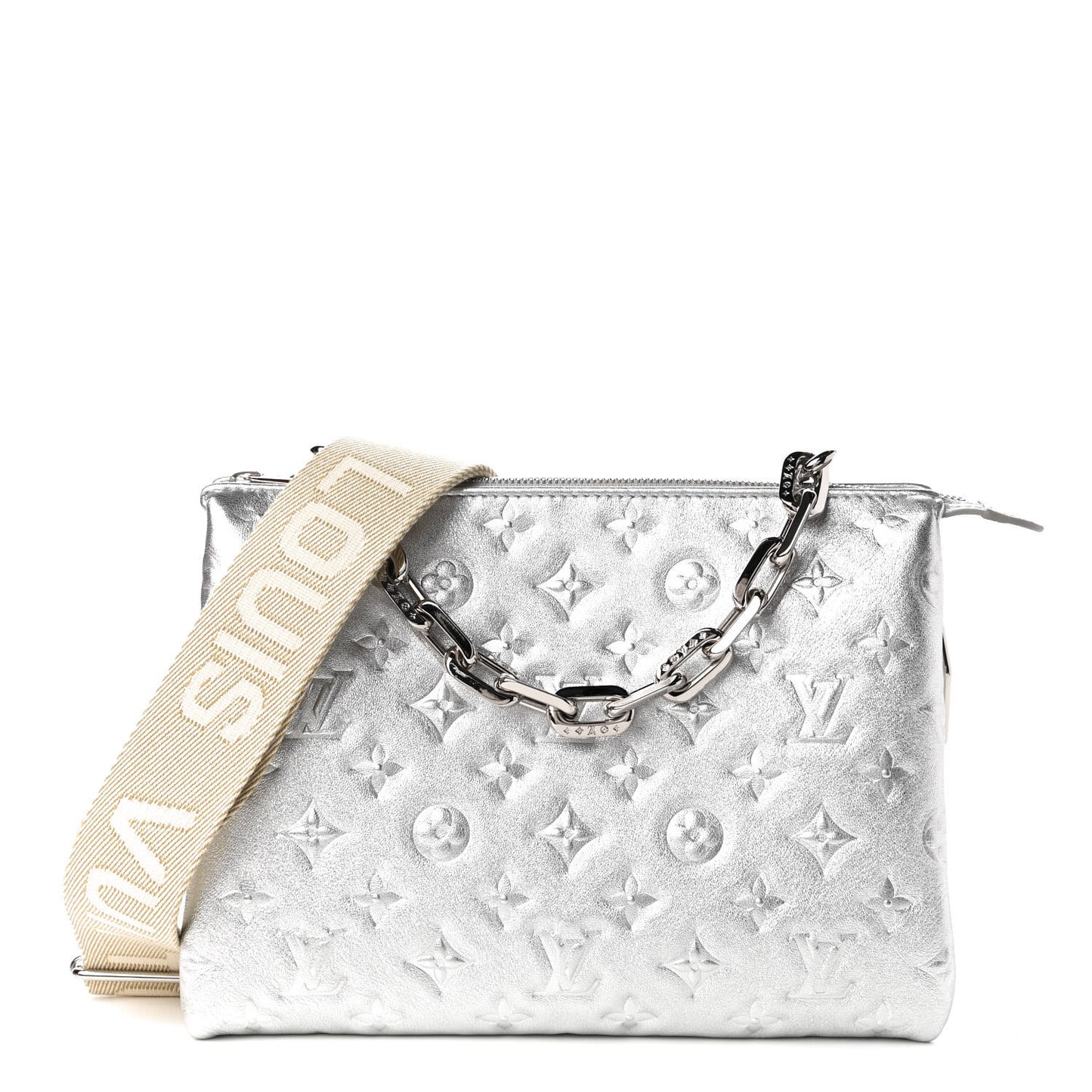 Metallic Lambskin Embossed Monogram Coussin PM Silver