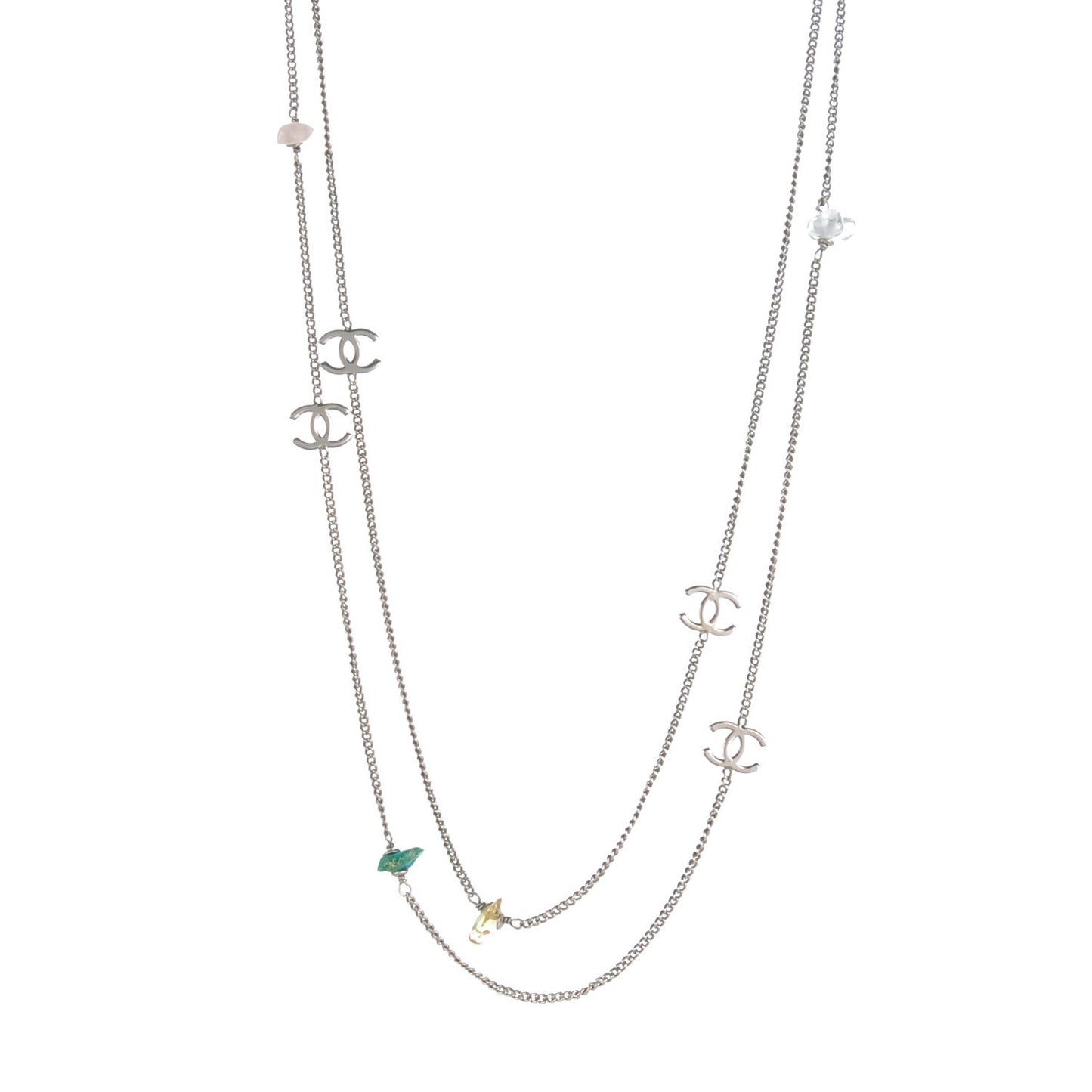 Stone CC Long Chain Necklace Silver