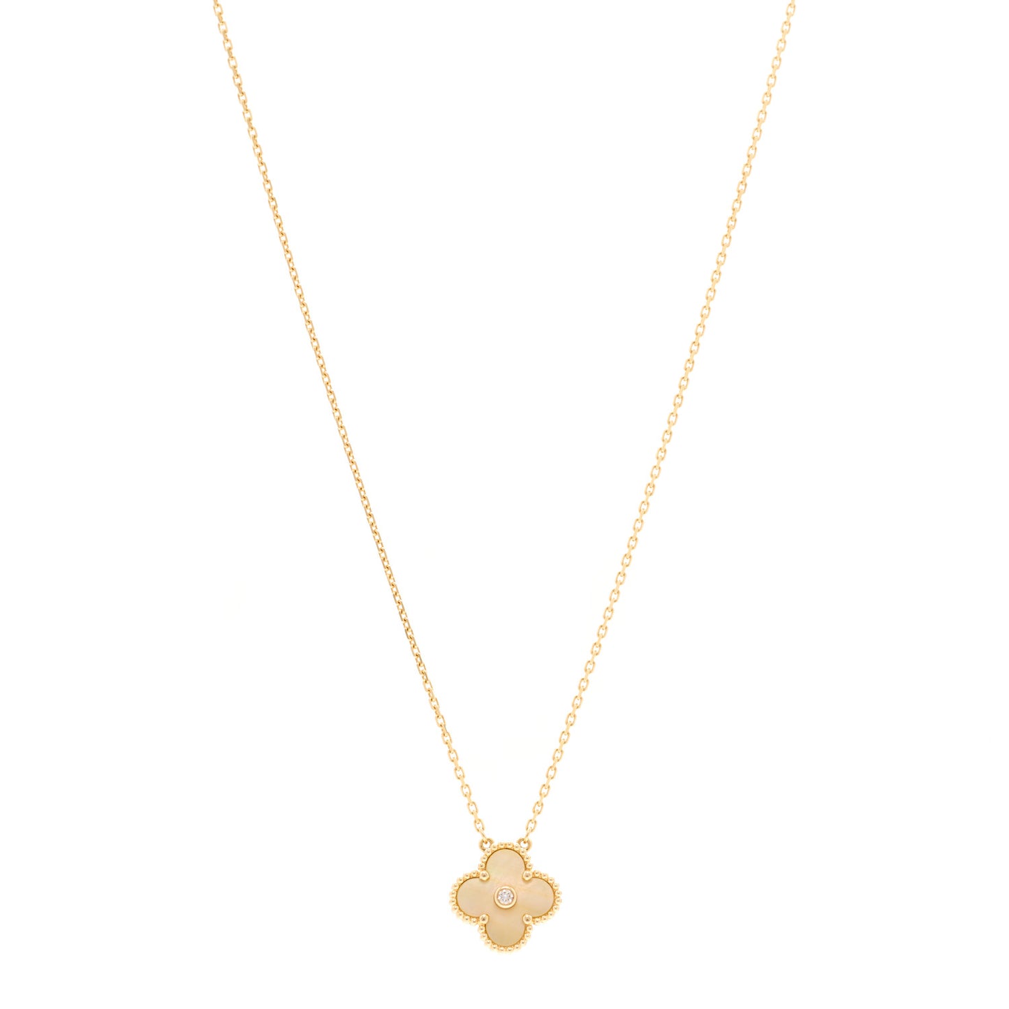 18K Yellow Gold Diamond Yellow Mother of Pearl Vintage Alhambra Pendant Necklace