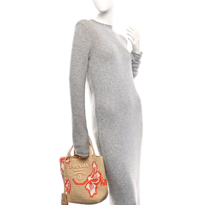 Prada Yarn Raffia Effect Crochet Embroidered Floral Logo Tote Naturale Aranci 2 of 9
