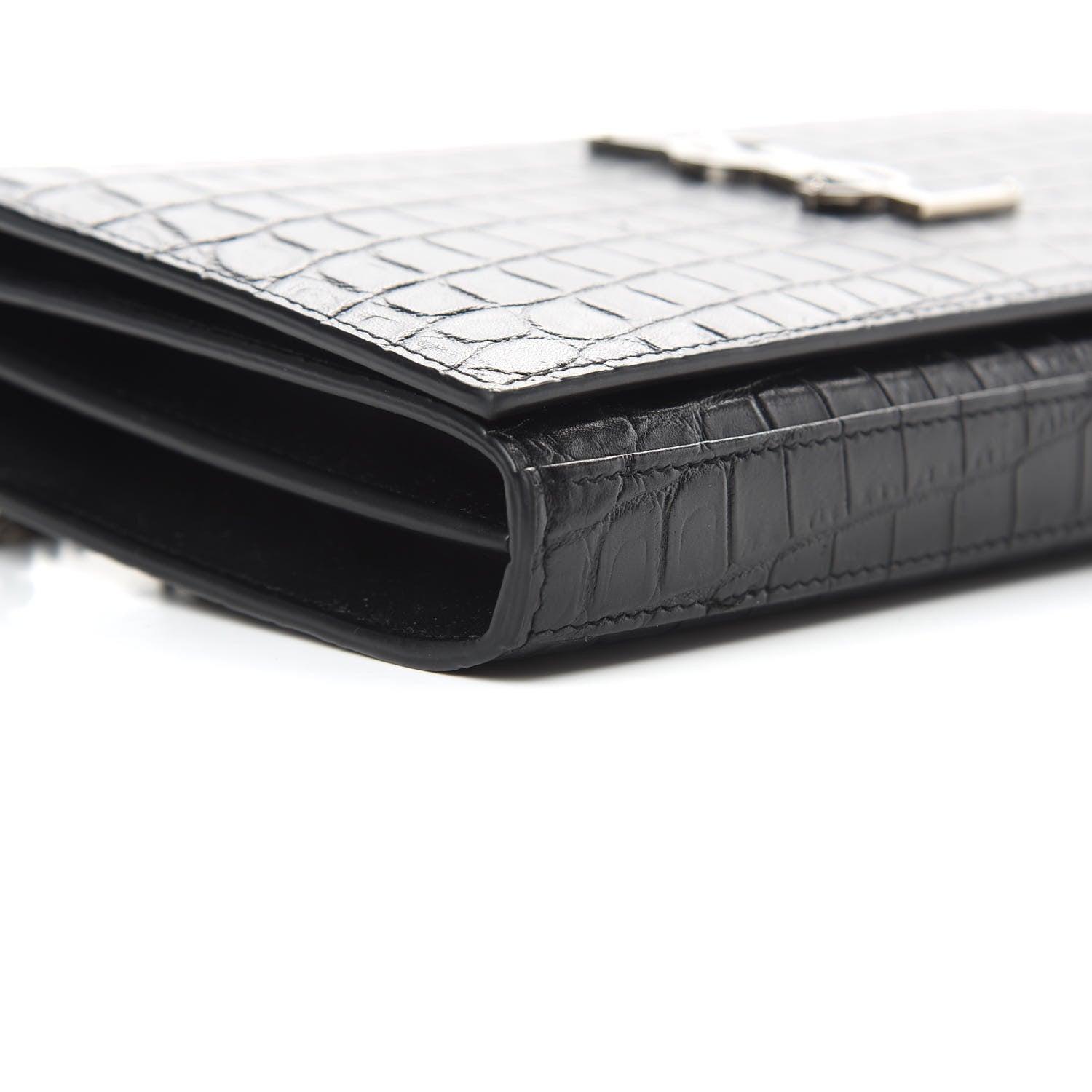 Saint Laurent Calfskin Crocodile Embossed Monogram Chain Wallet Black 9 of 13
