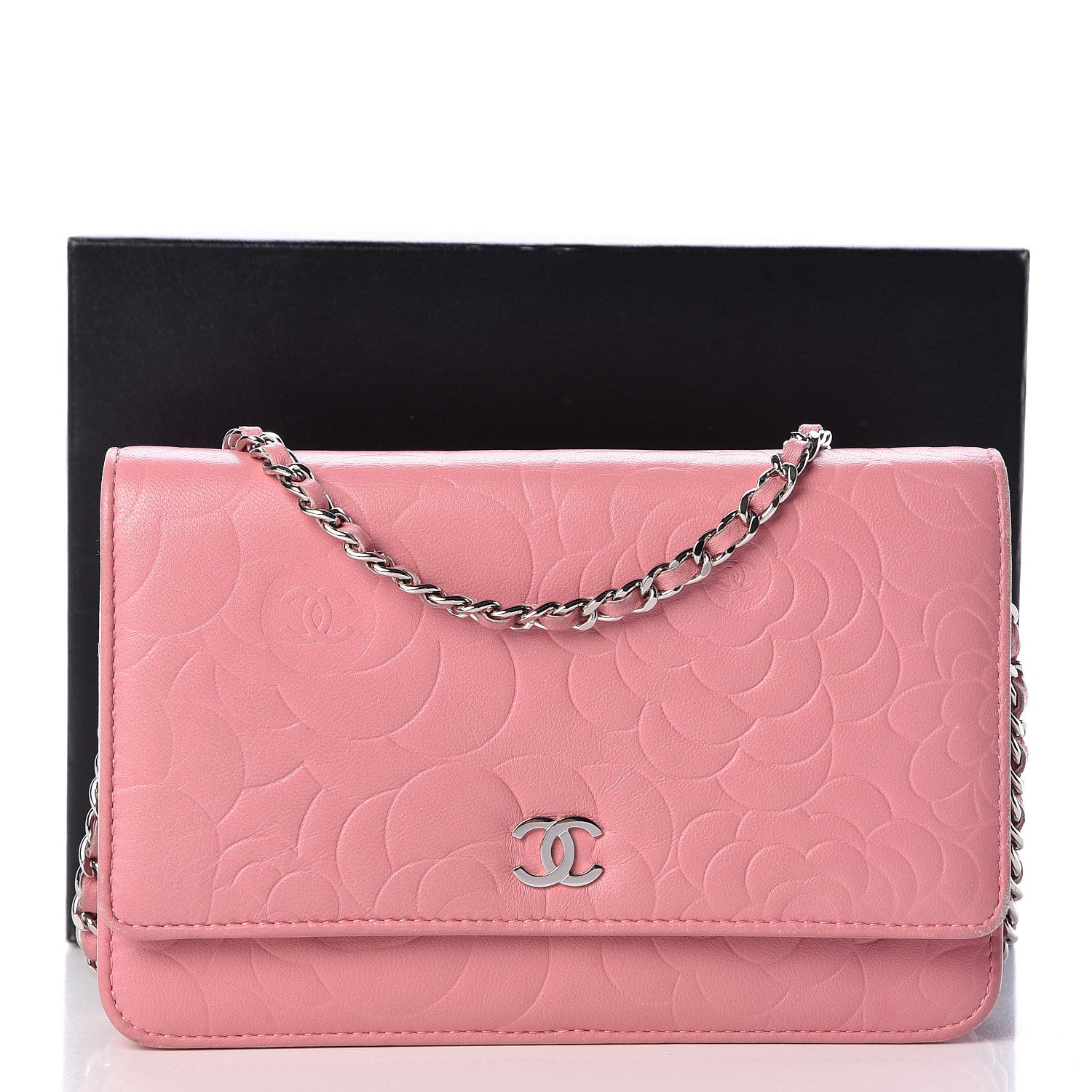 Chanel Lambskin Camellia Embossed Wallet On Chain WOC Pink 16 of 16