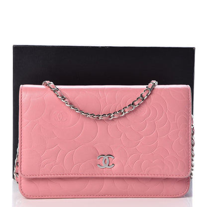 Chanel Lambskin Camellia Embossed Wallet On Chain WOC Pink 16 of 16