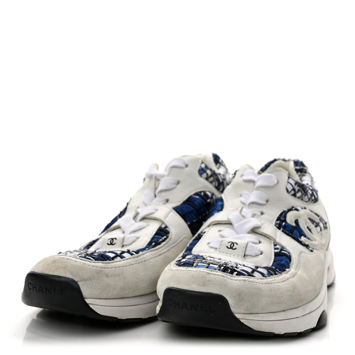 Chanel Tweed Suede Calfskin Womens CC Sneakers 41 Dark Blue Black Grey White 4 of 9
