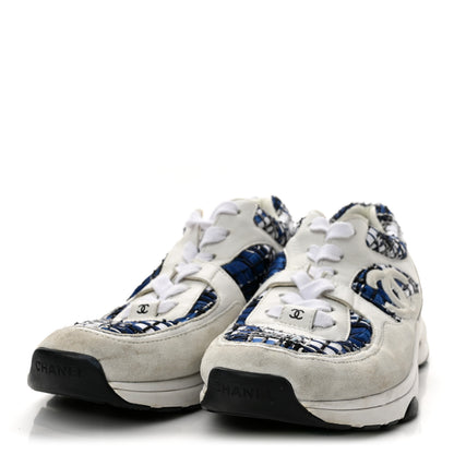 Chanel Tweed Suede Calfskin Womens CC Sneakers 41 Dark Blue Black Grey White 4 of 9