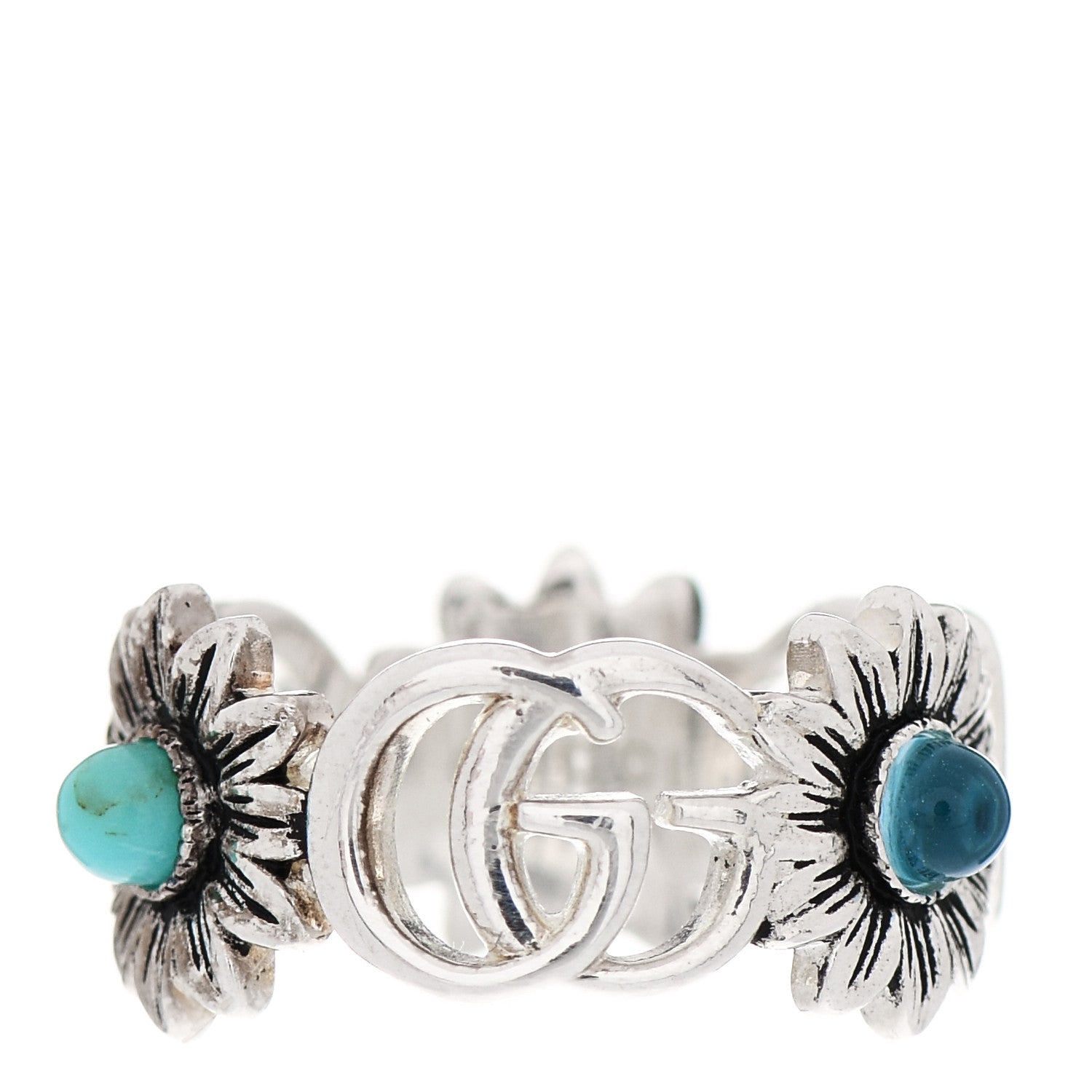 Gucci Sterling Silver Mother of Pearl Blue Topaz Flower Marmont Double G Ring 50 5.25 1 of 6