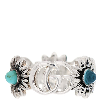 Gucci Sterling Silver Mother of Pearl Blue Topaz Flower Marmont Double G Ring 50 5.25 1 of 6