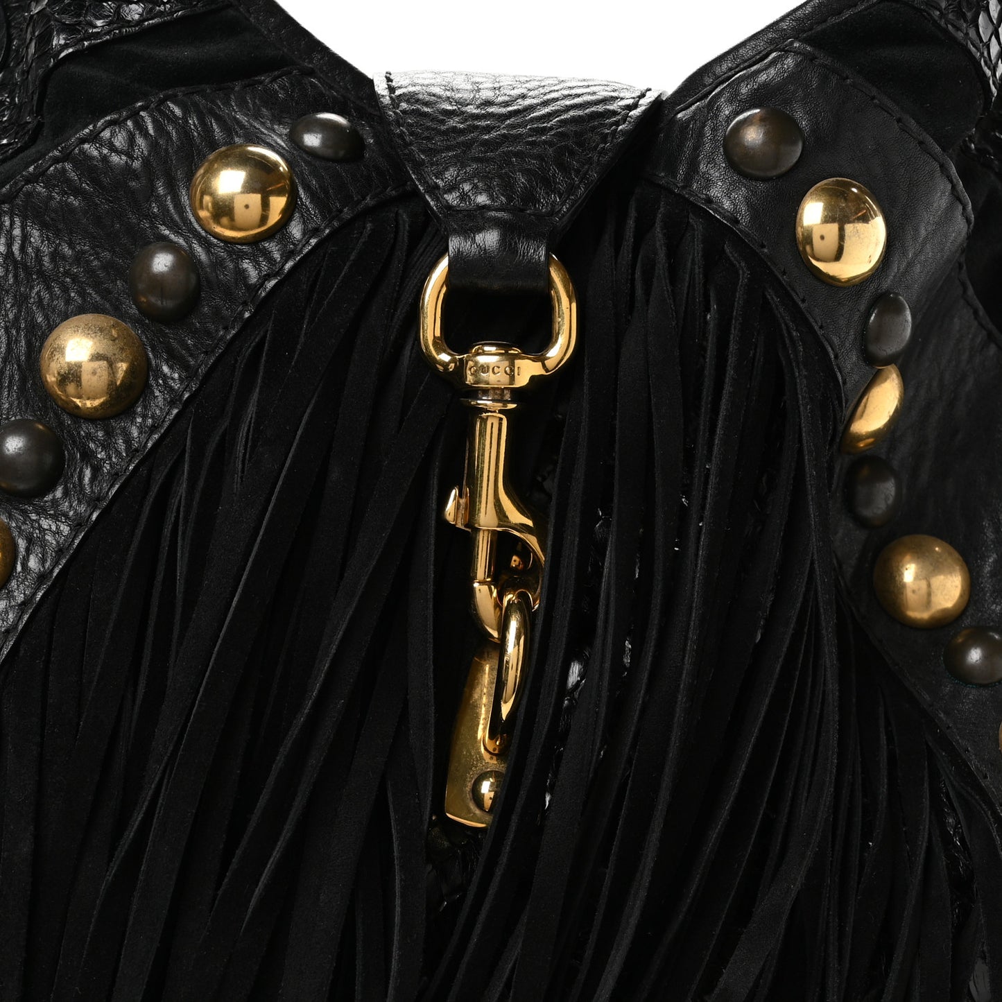 Suede Snakeskin Fringe Babouska Hobo Black