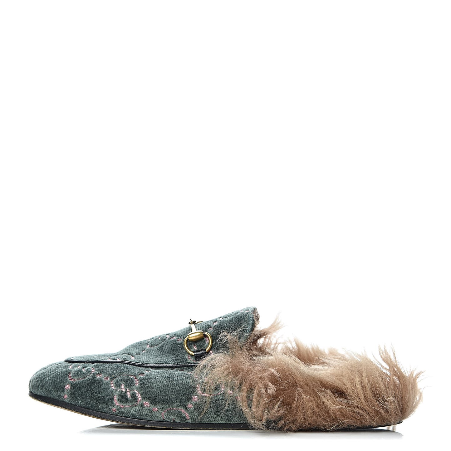 Velvet GG Monogram Fur Womens Princetown Slippers 37.5 Avio Dusty Pink