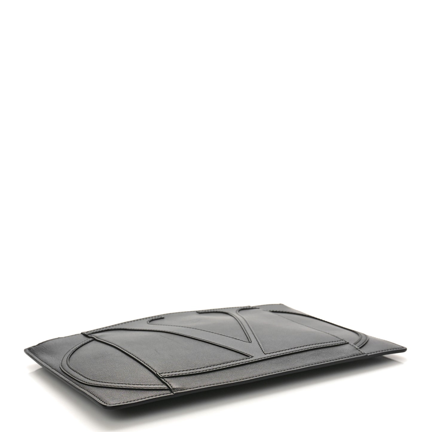 Calfskin VLogo Stitched Inlay Zip Pouch Black