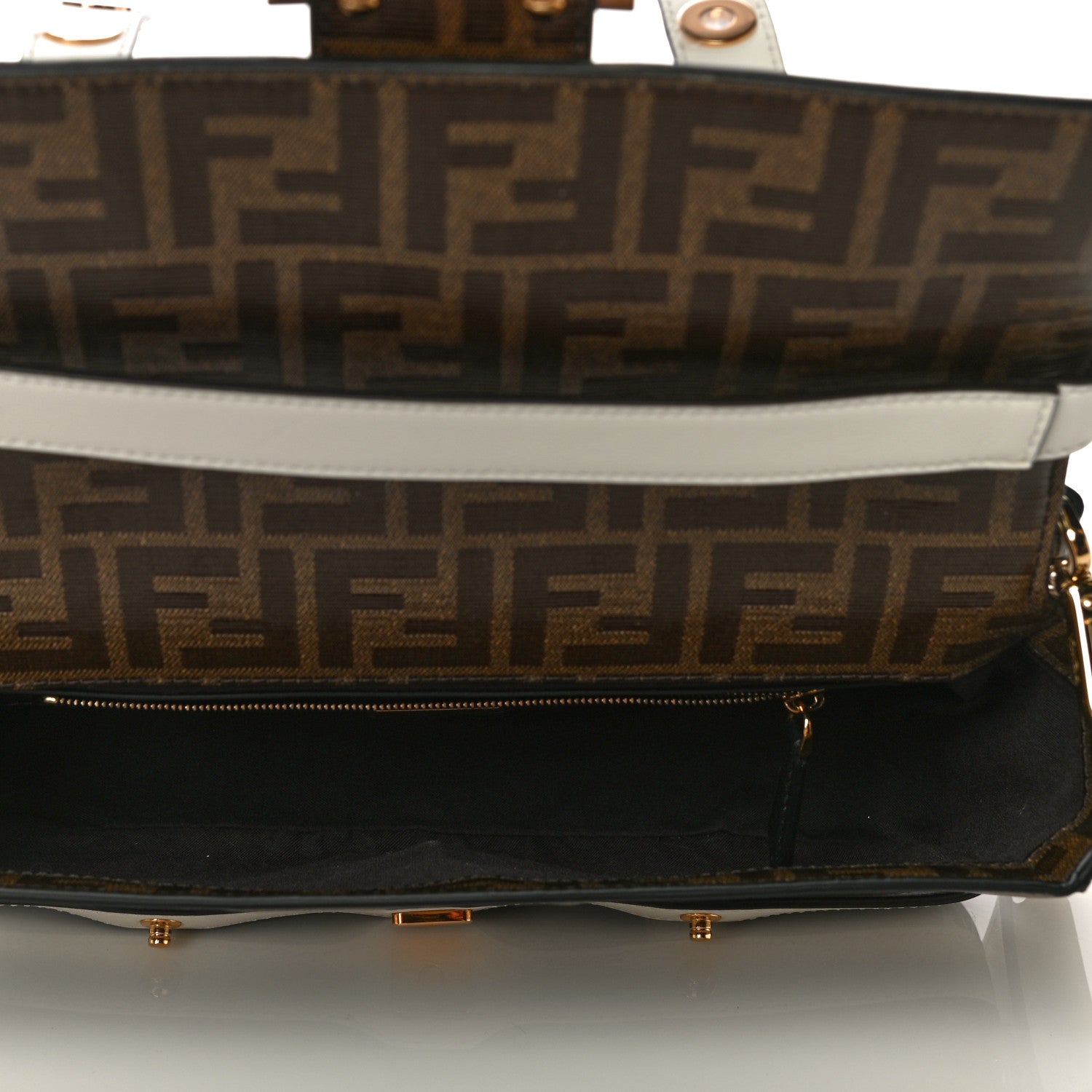 Fendi Glazed Fabric Vitello Century FF 1974 Large Baguette Cage Mogano Panna White Ice 5 of 9