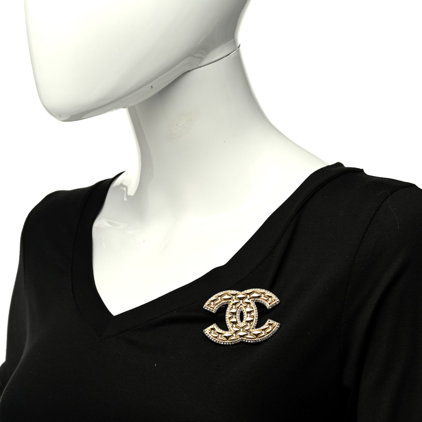 Crystal Quilted CC Brooch Gold