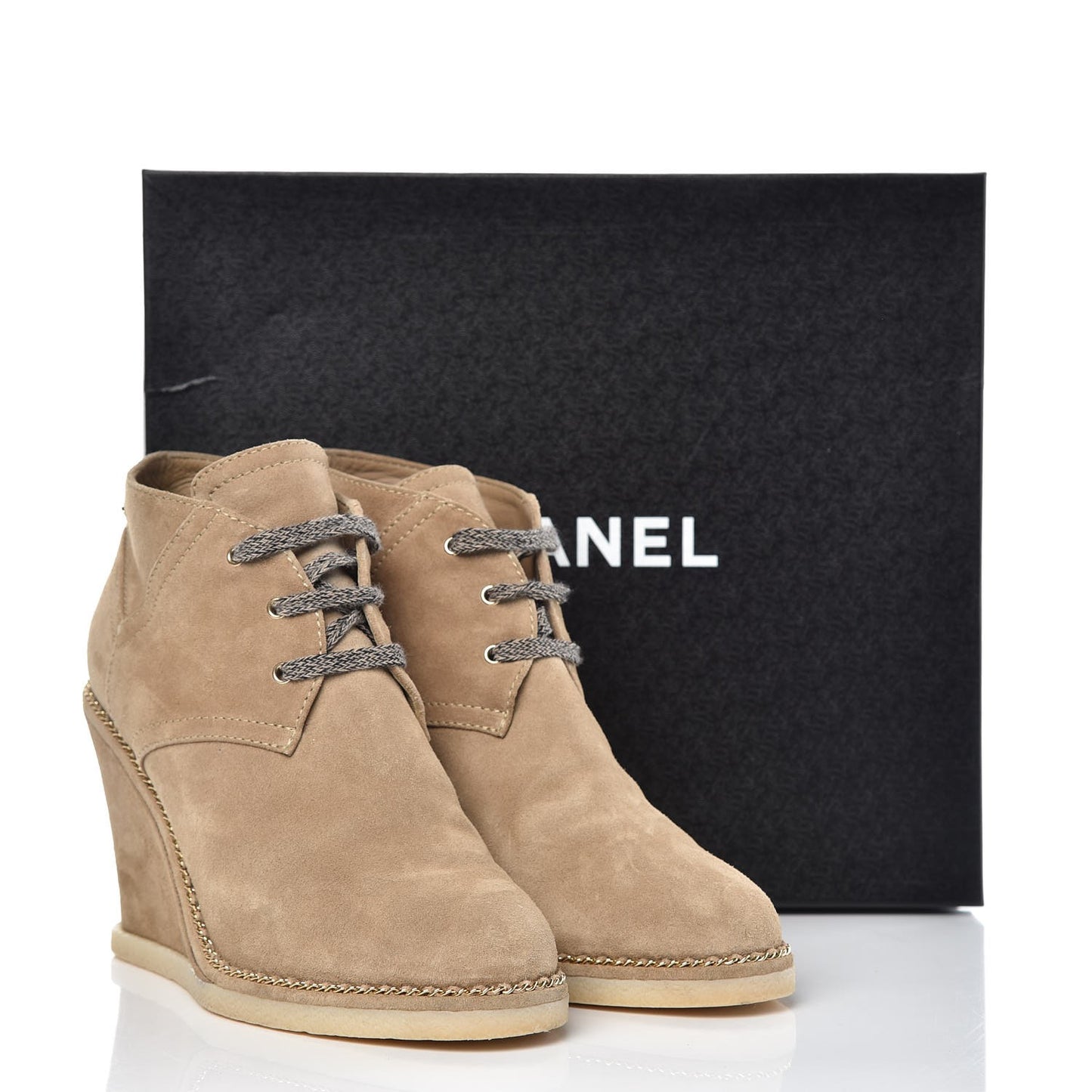 Suede Calfskin Lace Up Wedge Booties 41 Beige