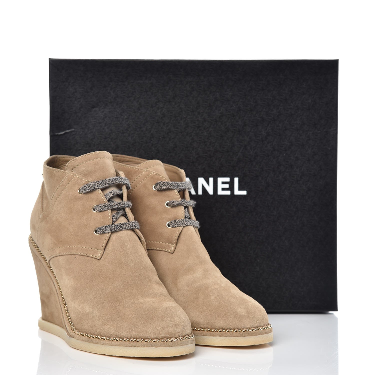 Chanel Suede Calfskin Lace Up Wedge Booties 41 Beige 10 of 10