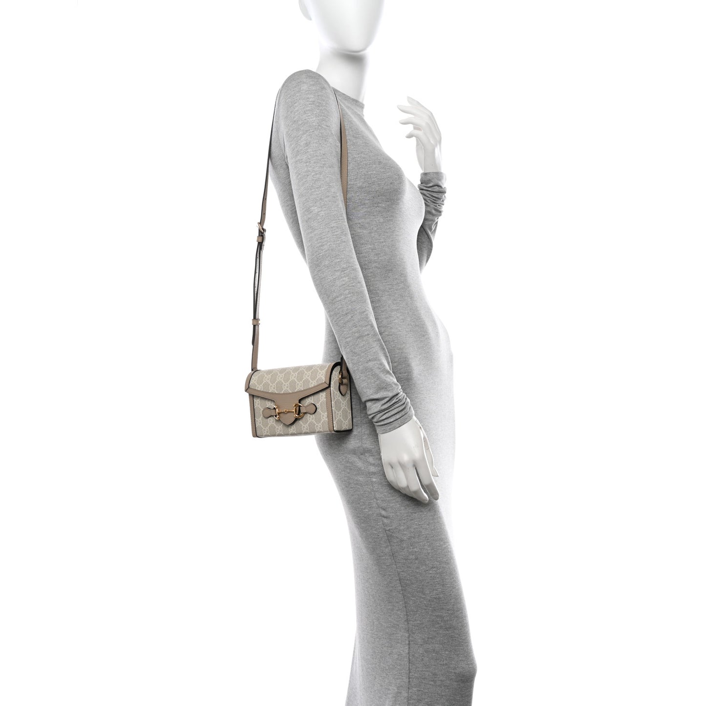 GG Supreme Monogram Textured Dollar Calfskin Mini Horsebit 1955 Shoulder Bag Beige Mystic White Oatmeal