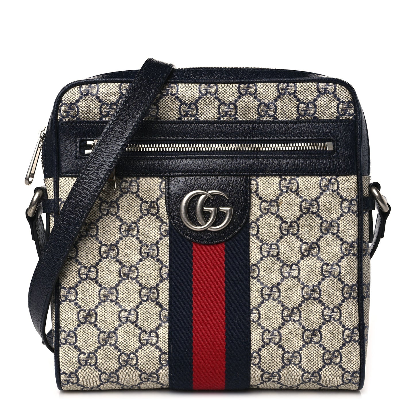 GG Supreme Monogram Textured Dollar Calfskin Web Small Ophidia Messenger Bag Beige Blue