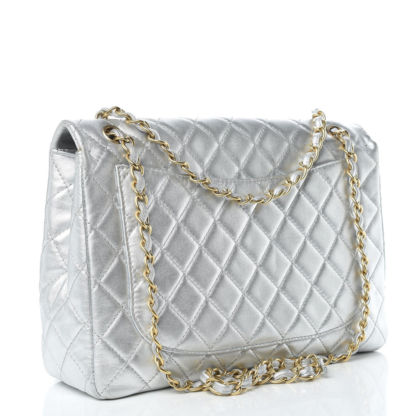 Metallic Lambskin Quilted Maxi Single Flap Silver