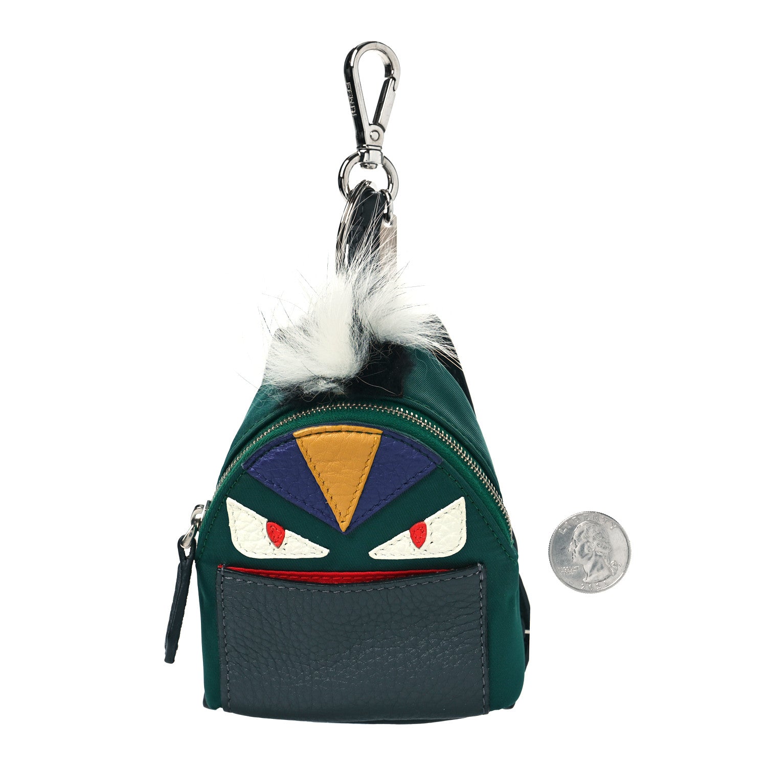 Fendi Nylon Cuoio Romano Nutria Fox Fur Monster Eyes Mini Backpack Charm Verde Bottiglia Asfalto Multicolor 2 of 5