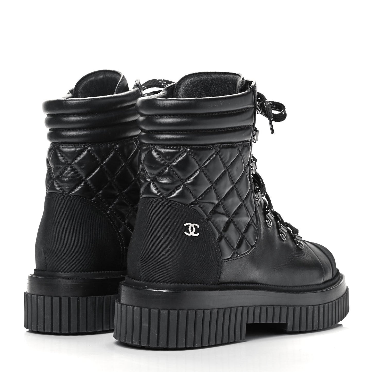 Calfskin Grosgrain Quilted Lace Up Boots 40 Black Grey
