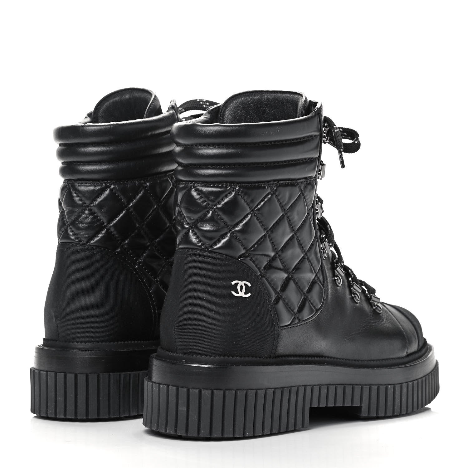 Chanel Calfskin Grosgrain Quilted Lace Up Boots 40 Black Grey 4 of 8