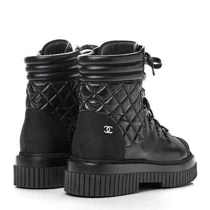 Chanel Calfskin Grosgrain Quilted Lace Up Boots 40 Black Grey 4 of 8