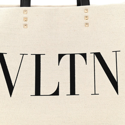 Valentino Garavani Canvas Calfskin VLTN Print Small Rockstud Tote Naturale Black 7 of 9