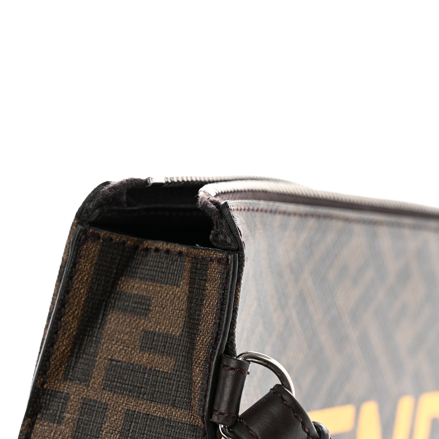 Fendi Shiny Glazed Fabric Vitello Cover FF 1974 Logo Clutch Tobacco Moro Giallo Ebano 9 of 11