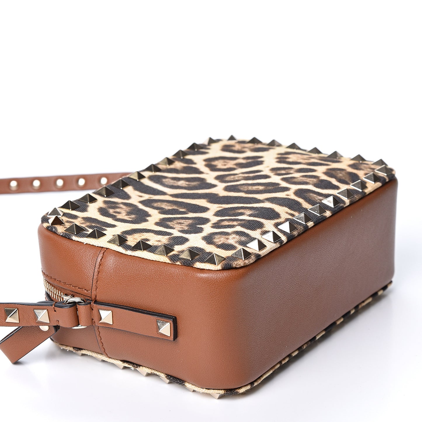 Nappa Canvas Leopard Print Rockstud Camera Crossbody Bag Brown