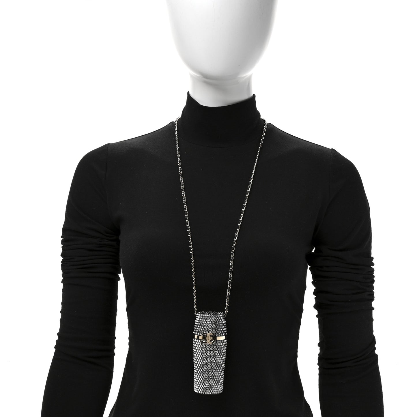 Metal Resin Lambskin Crystal Lipstick Case Long Necklace On Chain Silver Black Gold