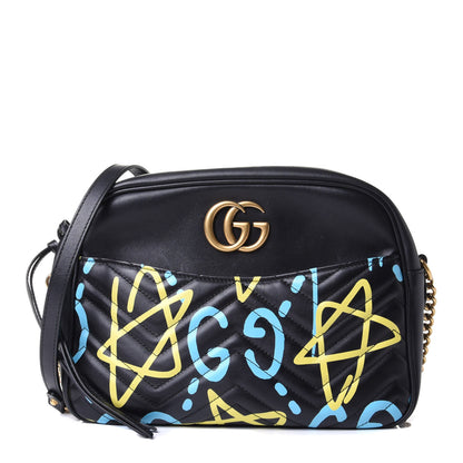 Gucci Calfskin Matelasse GucciGhost Medium GG Marmont Chain Shoulder Bag Black New Acquamarine 1 of 3