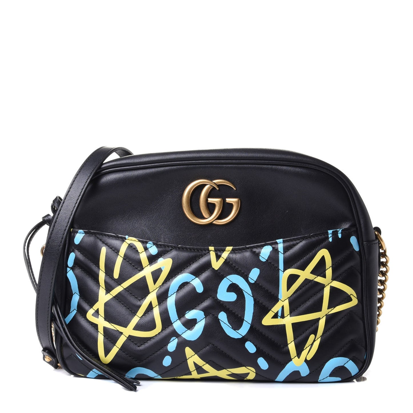 Calfskin Matelasse GucciGhost Medium GG Marmont Chain Shoulder Bag Black New Acquamarine