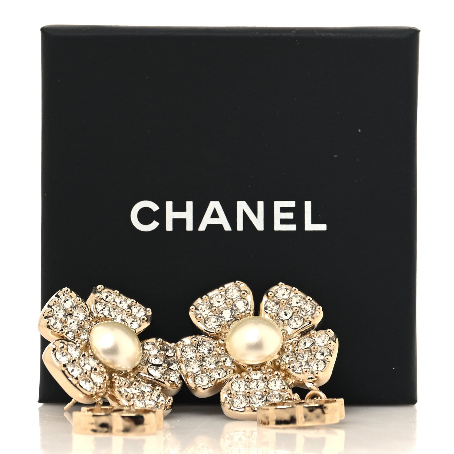 Chanel Metal Pearl Crystal CC Flower Drop Earrings Gold White 5 of 5