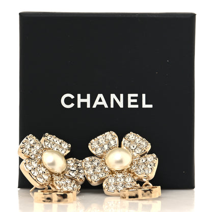 Chanel Metal Pearl Crystal CC Flower Drop Earrings Gold White 5 of 5
