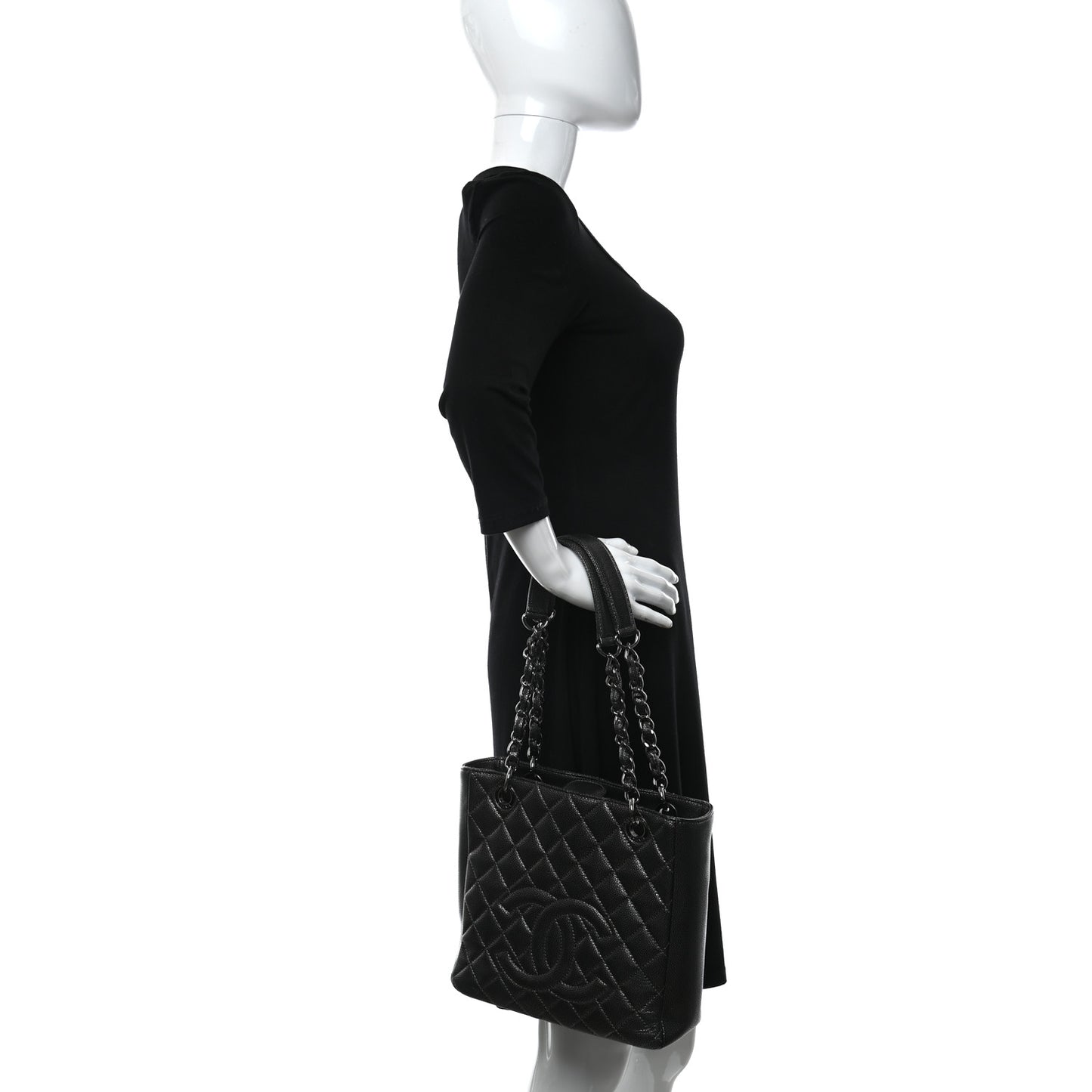 Metallic Caviar Quilted Petit Shopping Tote PST Dark Silver