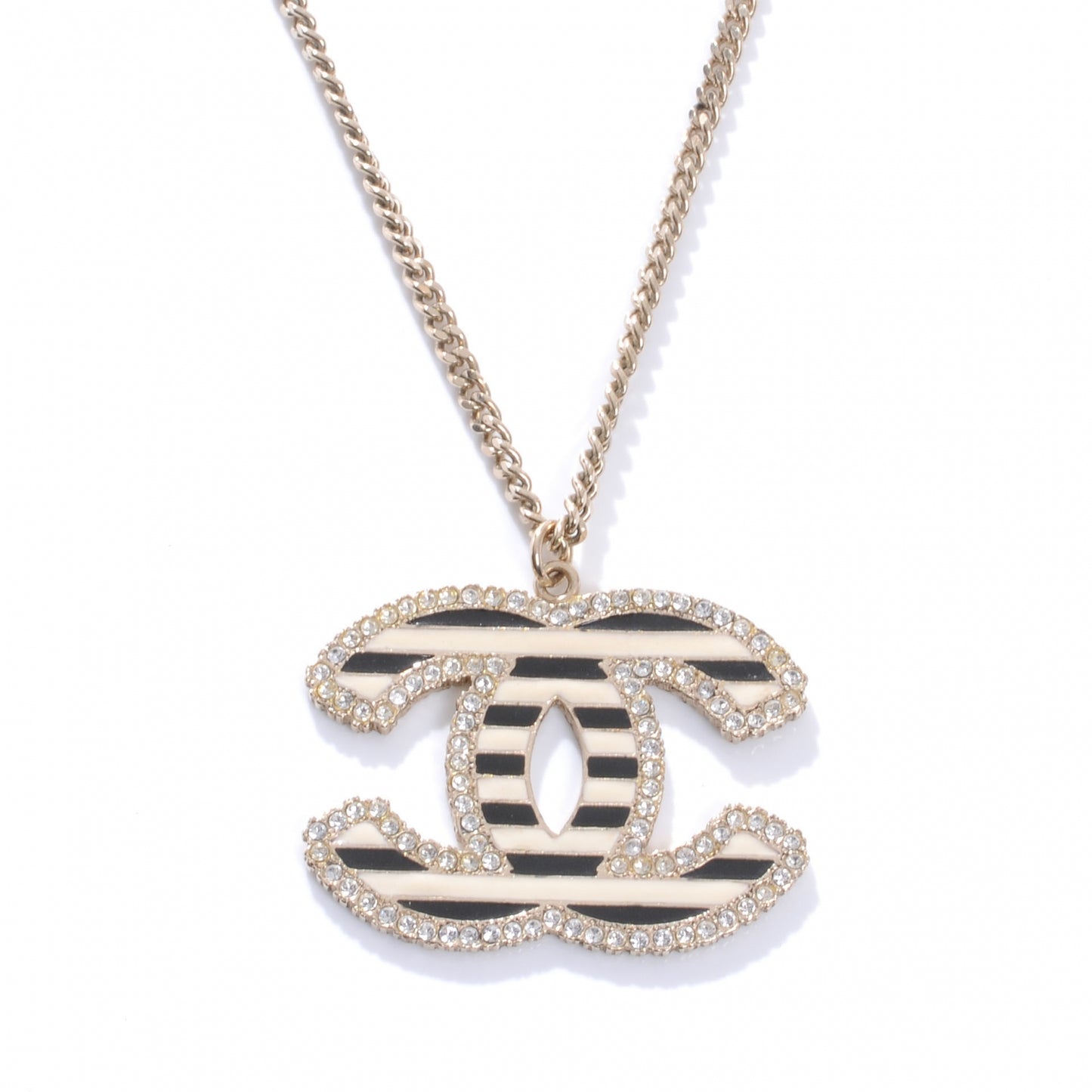 Crystal Enamel Striped Large CC Necklace Gold