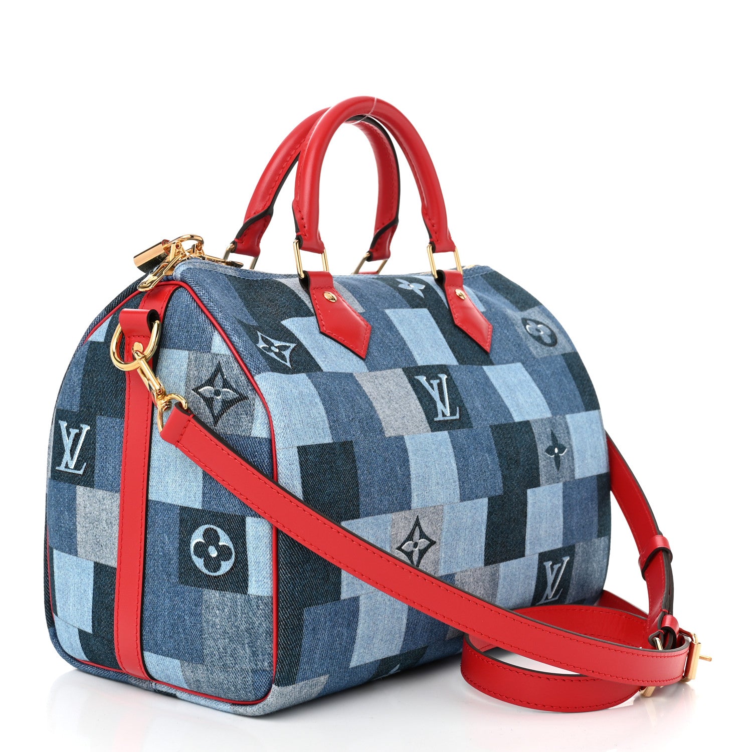 Louis Vuitton Denim Damier Monogram Patchwork Speedy Bandouliere 30 Blue Rouge 3 of 10