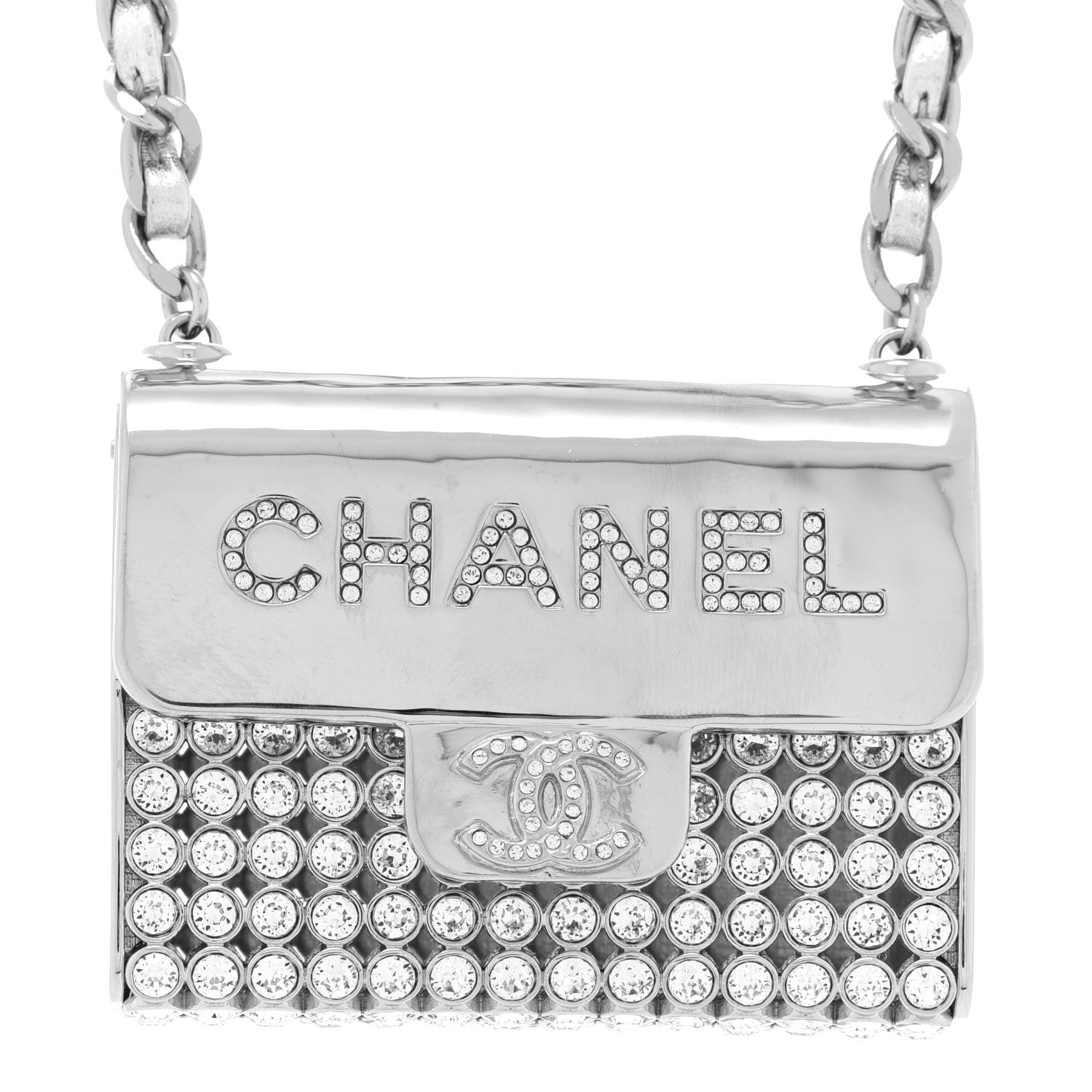 Chanel Metal Lambskin Strass Crystal Purse CC Long Necklace Silver 5 of 6