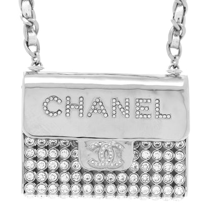 Chanel Metal Lambskin Strass Crystal Purse CC Long Necklace Silver 5 of 6
