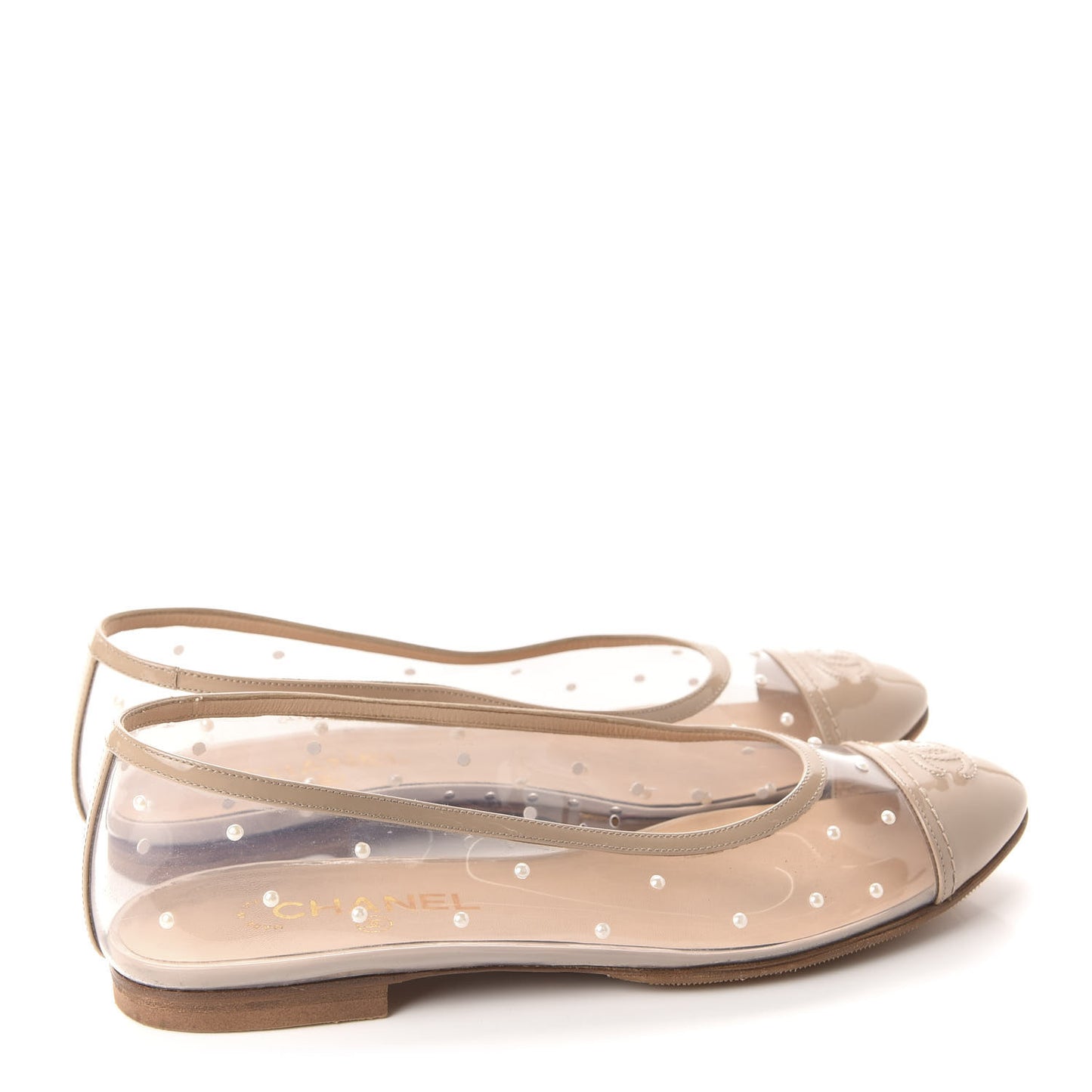 PVC Patent Calfskin Pearl Cap Toe Ballerina Flats 40.5 Transparent Nude