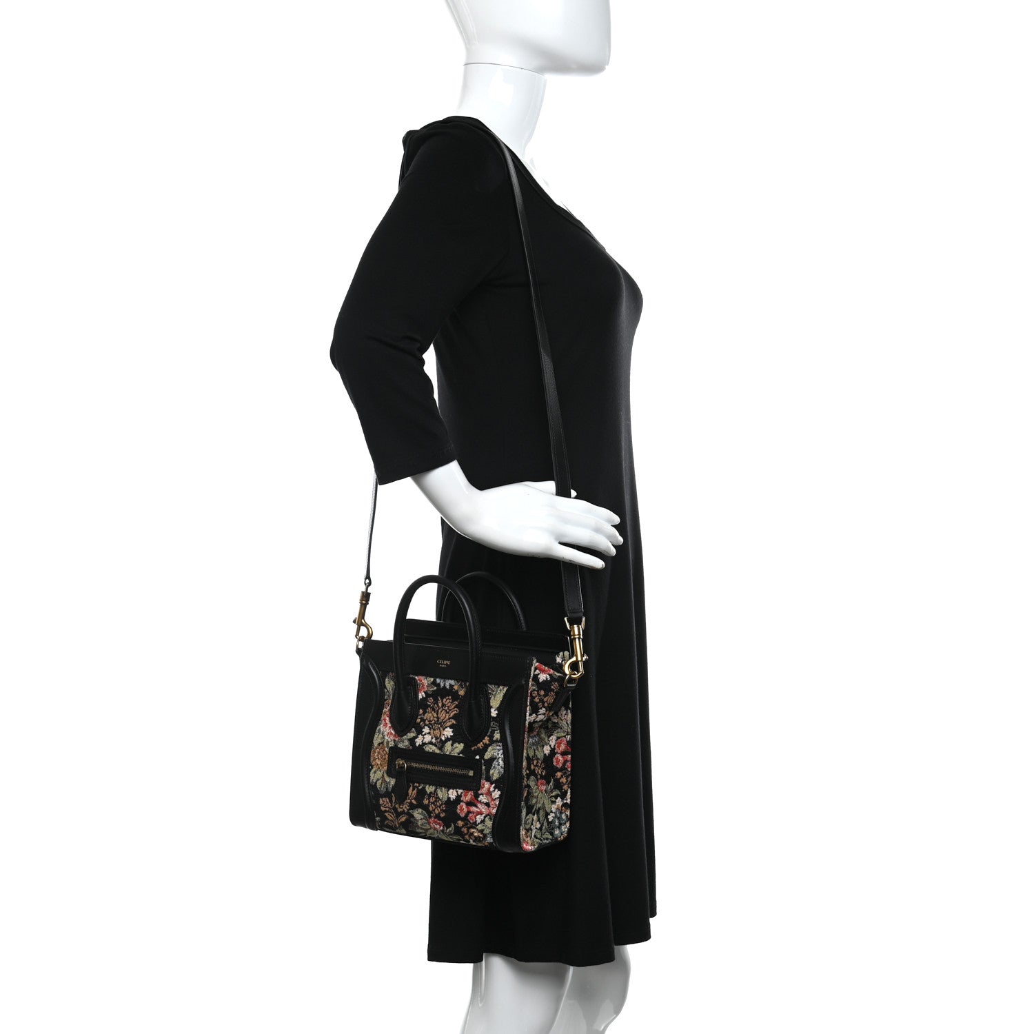Celine Calfskin Lambskin Canvas Jacquard Floral Nano Luggage Black 2 of 10