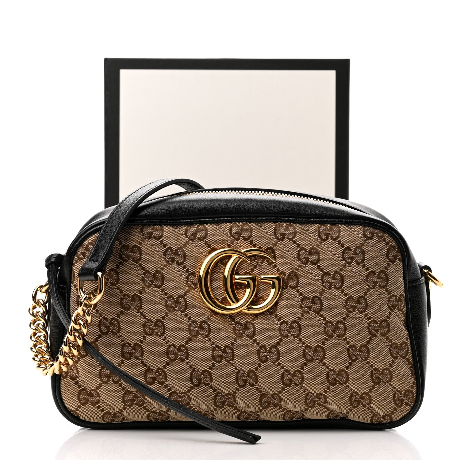 Gucci Monogram Matelasse Diagonal Small GG Marmont Chain Shoulder Bag Beige Black 11 of 11