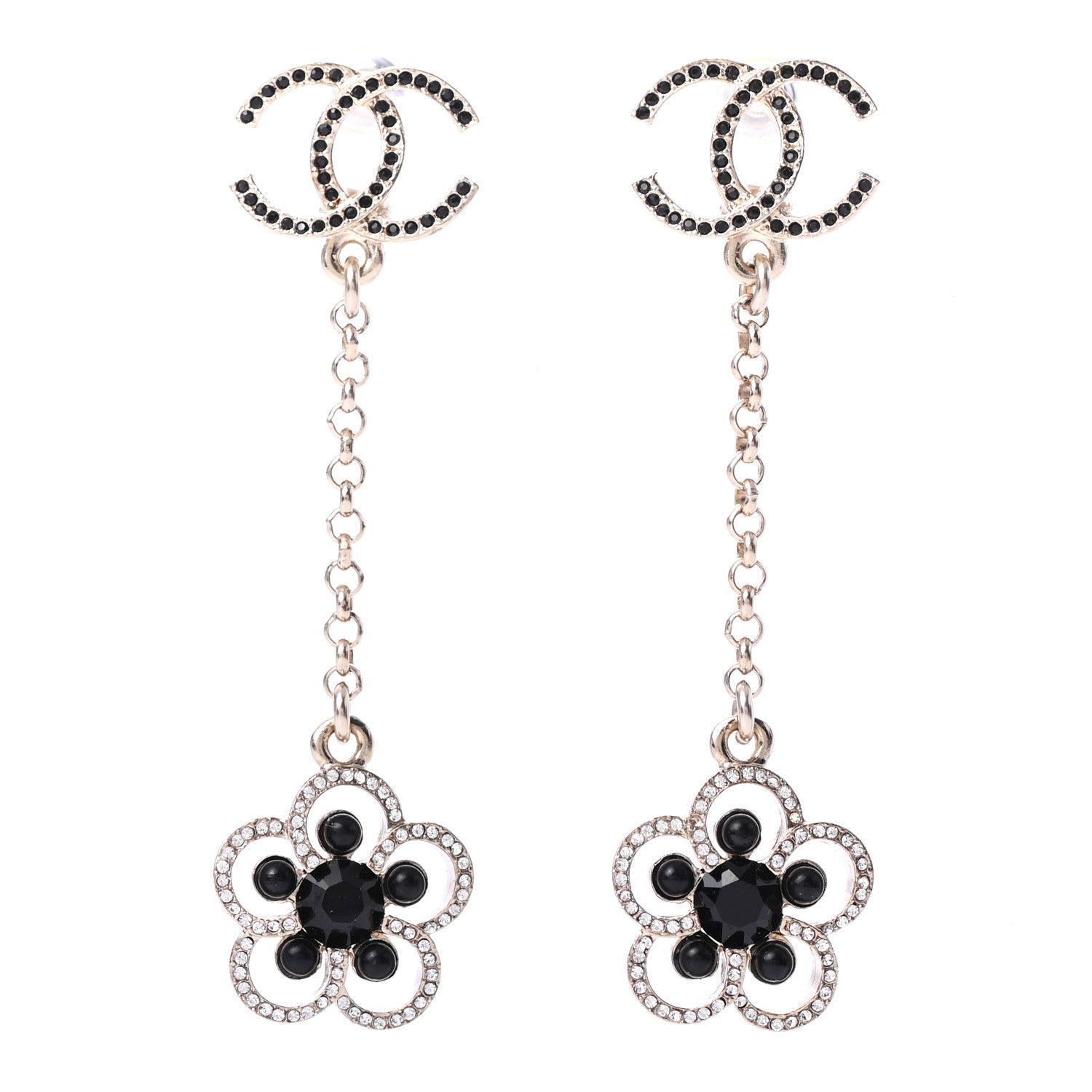 Chanel Crystal CC Camellia Drop Earrings Black Gold 1 of 4