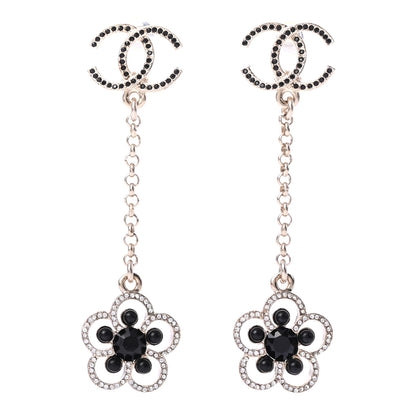 Chanel Crystal CC Camellia Drop Earrings Black Gold 1 of 4